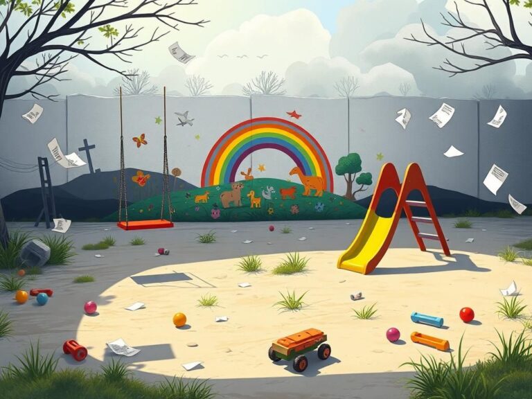 Flick International A poignant illustration of an empty children's playground symbolizing lost childhood amid conflict