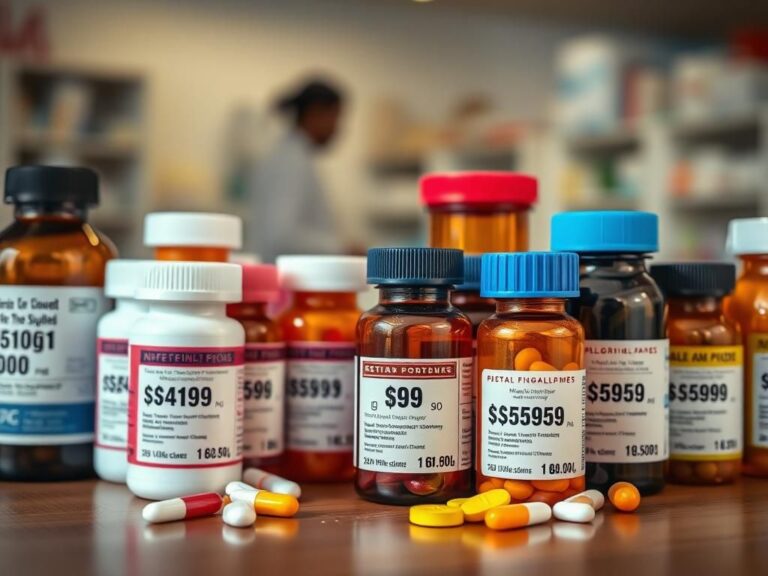 Flick International Close-up view of various prescription pill bottles with high price labels