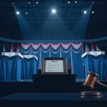 Flick International Abstract depiction of a Democratic Party convention with empty podiums