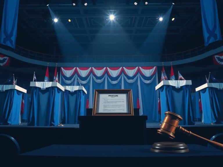 Flick International Abstract depiction of a Democratic Party convention with empty podiums