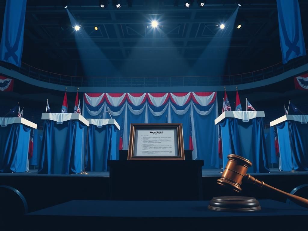 Flick International Abstract depiction of a Democratic Party convention with empty podiums