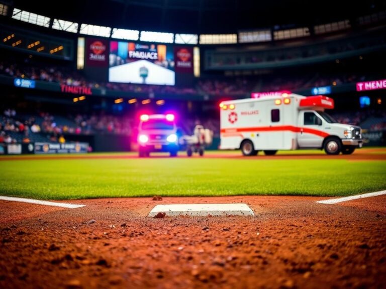 Flick International Scene depicting a dramatic baseball moment with an ambulance near home plate, highlighting Oswaldo Cabrera's injury.