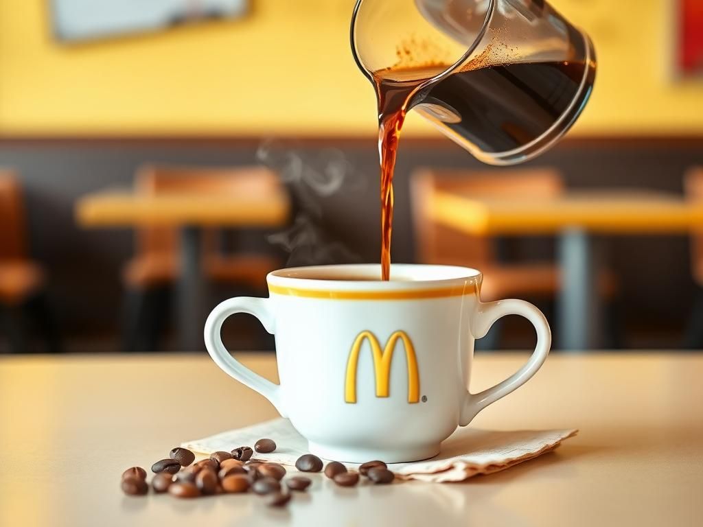 Flick International A steaming cup of McDonald's coffee on a cheerful table with coffee beans and a carafe