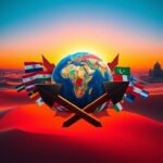 Flick International Abstract globe representation with international flags in a Middle Eastern desert setting