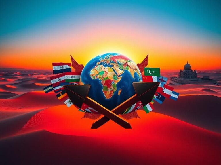 Flick International Abstract globe representation with international flags in a Middle Eastern desert setting