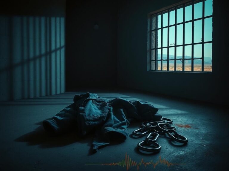 Flick International A dimly lit prison cell with a crumpled prison uniform symbolizing despair and conflict