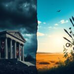 Flick International A split-image scene depicting political division, featuring a crumbling building and a vibrant landscape