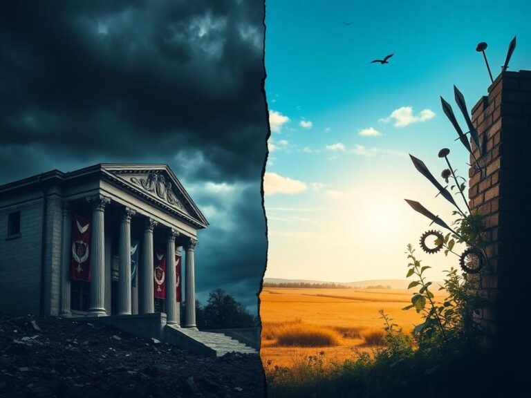 Flick International A split-image scene depicting political division, featuring a crumbling building and a vibrant landscape