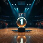 Flick International A glowing lottery ball on a basketball court representing the NBA draft lottery.
