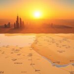 Flick International Aerial view of Riyadh's modern skyline with sunset and desert landscape