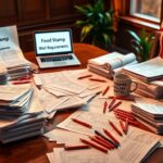 Flick International A large wooden table with stacks of papers and an open laptop showcasing legislative work on food stamp requirements