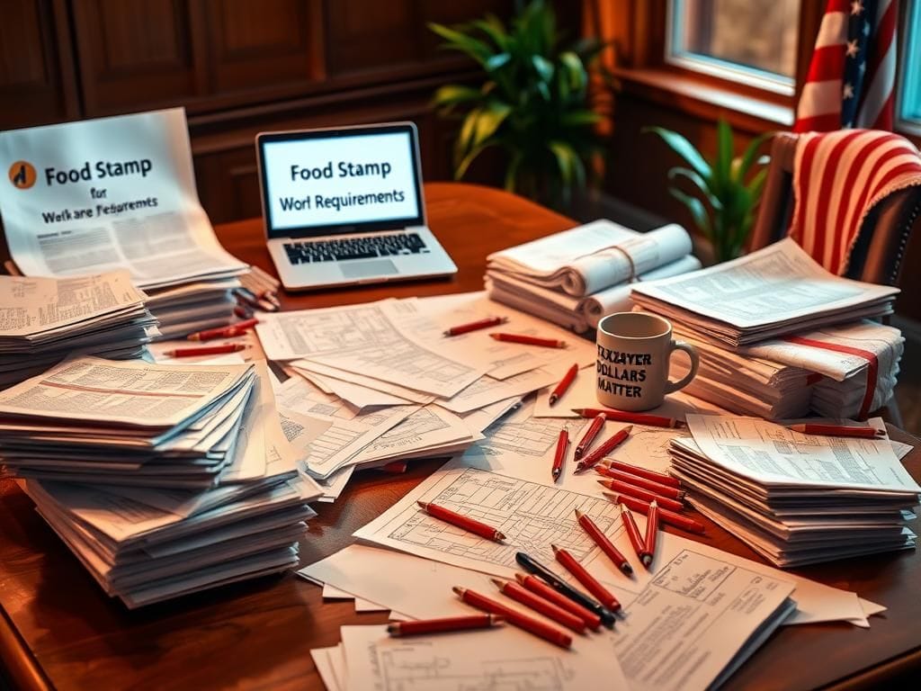 Flick International A large wooden table with stacks of papers and an open laptop showcasing legislative work on food stamp requirements