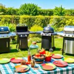 Flick International A vibrant outdoor scene featuring various grilling setups in a sunny backyard