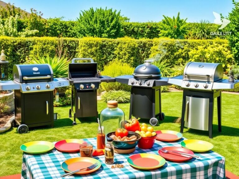 Flick International A vibrant outdoor scene featuring various grilling setups in a sunny backyard
