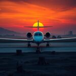 Flick International Aerial view of a sleek private jet on a runway during a vibrant sunset, highlighting stark environmental contrasts.