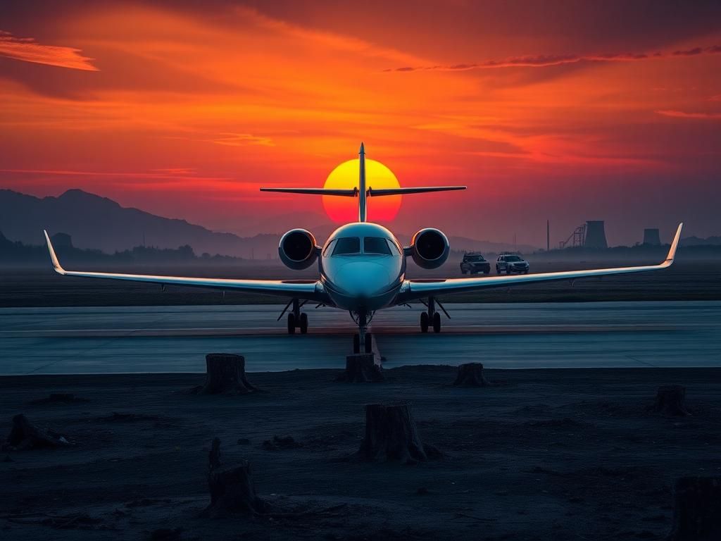 Flick International Aerial view of a sleek private jet on a runway during a vibrant sunset, highlighting stark environmental contrasts.