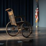 Flick International Antique wooden wheelchair on a polished stage symbolizing political challenges