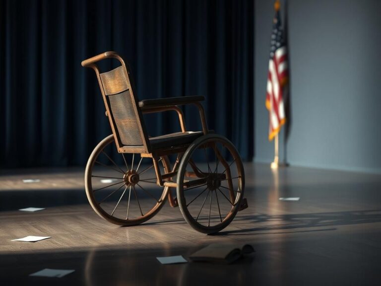 Flick International Antique wooden wheelchair on a polished stage symbolizing political challenges