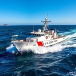 Flick International U.S. Coast Guard cutter navigating turbulent ocean waters