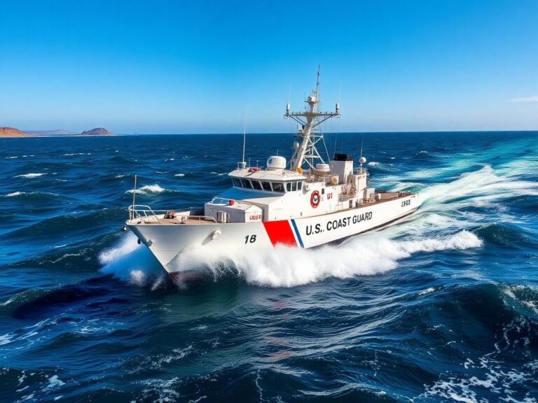 Flick International U.S. Coast Guard cutter navigating turbulent ocean waters