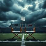 Flick International A dramatic football field scene under stormy skies with director's chairs labeled HBO and UNC symbolizing a failed collaboration.