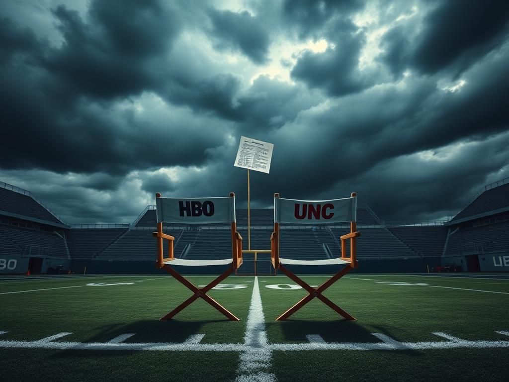 Flick International A dramatic football field scene under stormy skies with director's chairs labeled HBO and UNC symbolizing a failed collaboration.