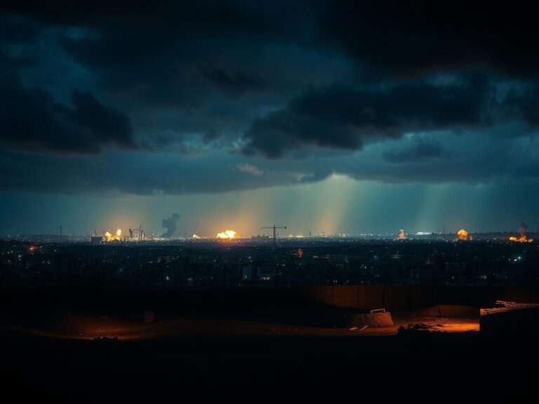 Flick International A dramatic night scene over Gaza with storm clouds and explosions