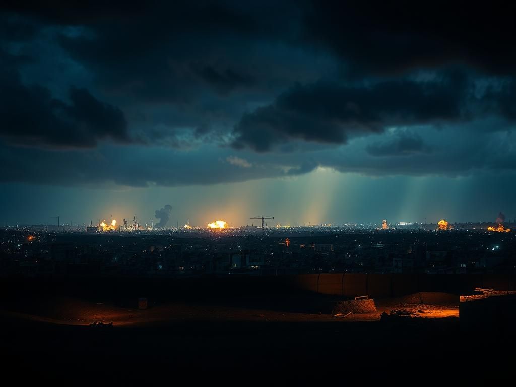 Flick International A dramatic night scene over Gaza with storm clouds and explosions