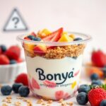 Flick International Close-up view of Bonya-branded yogurt parfait with layers of yogurt, granola, and colorful fruits