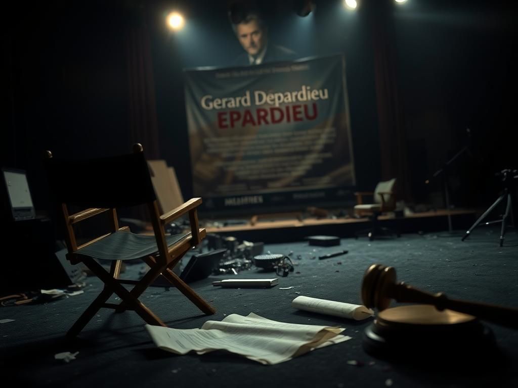 Flick International A dimly lit movie set with a broken director's chair and scattered props symbolizing chaos and scandal