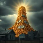 Flick International Towering stack of gold coins and shimmering dollar bills over a crumbling urban landscape symbolizing economic inequality