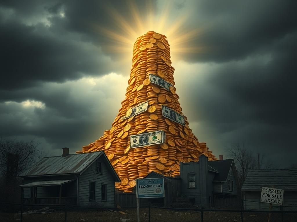 Flick International Towering stack of gold coins and shimmering dollar bills over a crumbling urban landscape symbolizing economic inequality