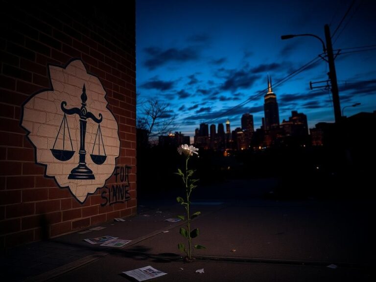 Flick International A mural depicting a gavel and scales of justice in a dimly lit urban environment