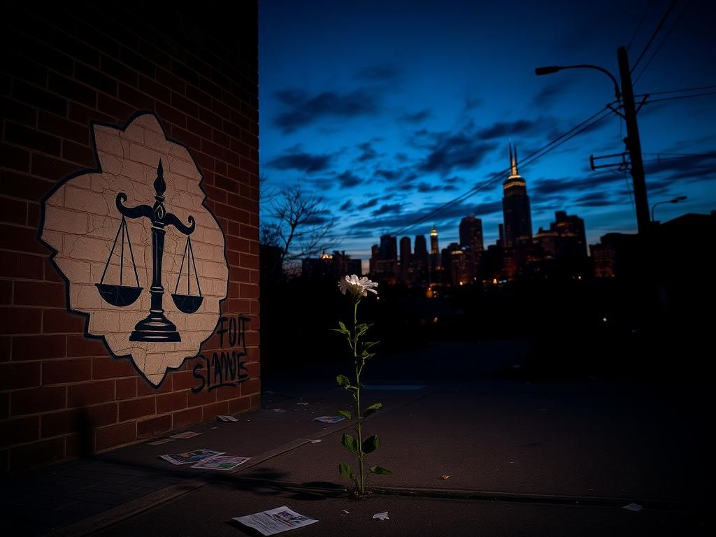 Flick International A mural depicting a gavel and scales of justice in a dimly lit urban environment