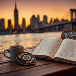Flick International Serene New York City skyline at dusk with coffee and police badge