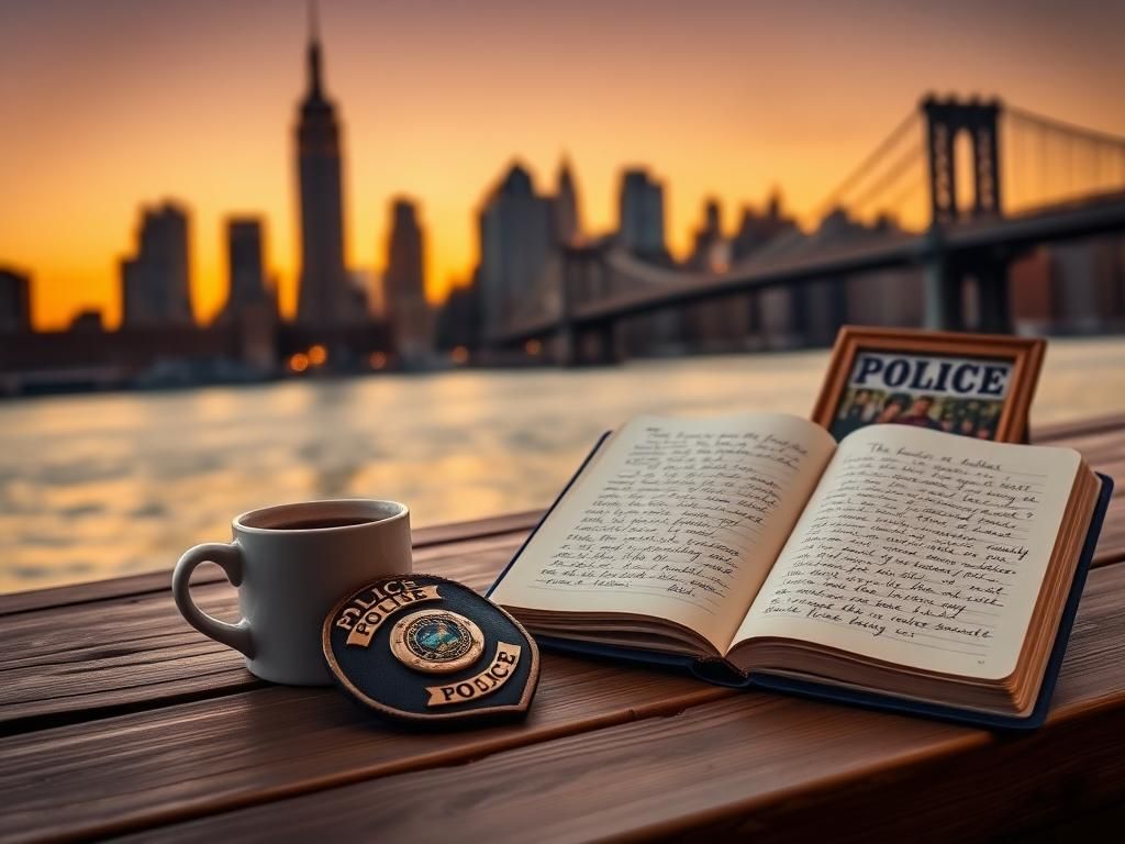 Flick International Serene New York City skyline at dusk with coffee and police badge
