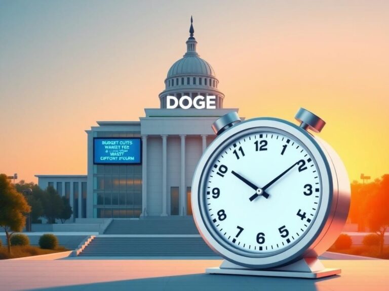Flick International Modern government building featuring 'DOGE' surrounded by an urban landscape