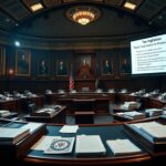 Flick International Dramatic legislative chamber filled with tax legislation documents and American flags