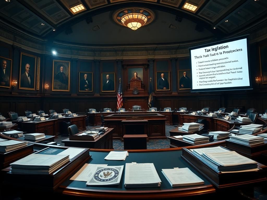 Flick International Dramatic legislative chamber filled with tax legislation documents and American flags