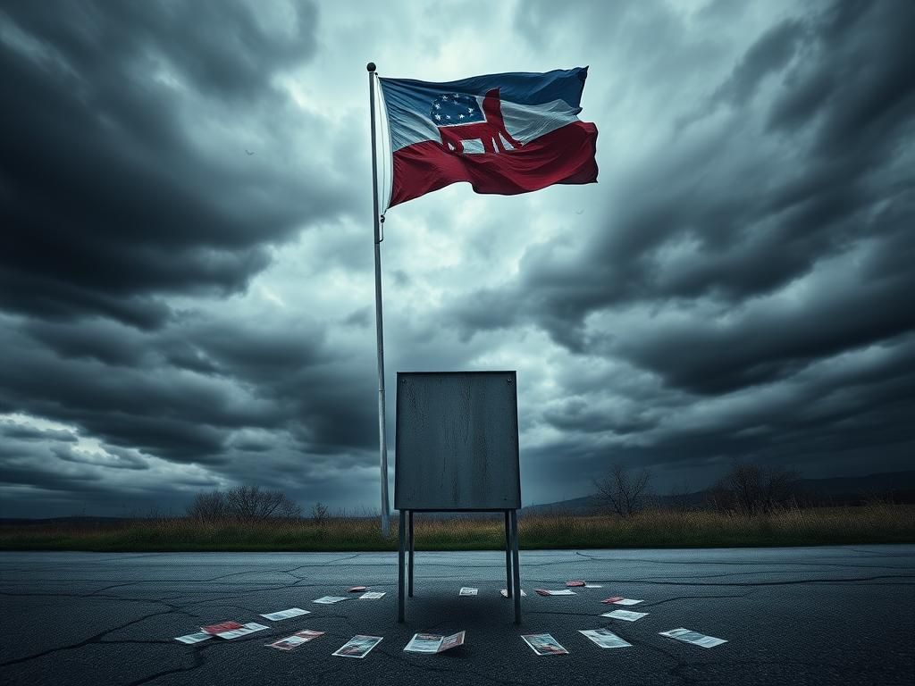 Flick International Large Democratic National Committee flag fluttering against a stormy sky with a weathered voting booth and torn campaign materials below