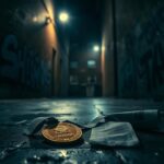 Flick International Abandoned sports medal in a dimly lit urban alleyway reflecting on fallen glory