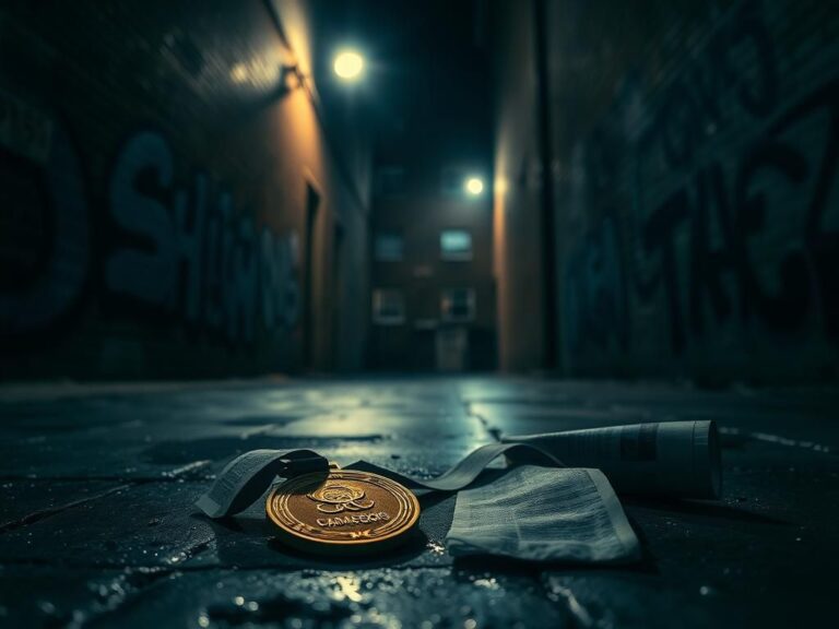 Flick International Abandoned sports medal in a dimly lit urban alleyway reflecting on fallen glory