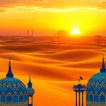 Flick International Sprawling desert landscape at sunset with modern city silhouettes