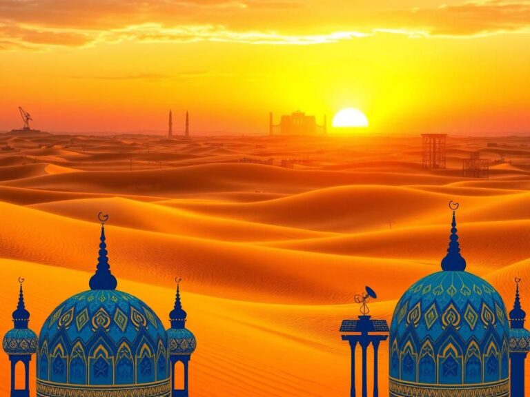 Flick International Sprawling desert landscape at sunset with modern city silhouettes