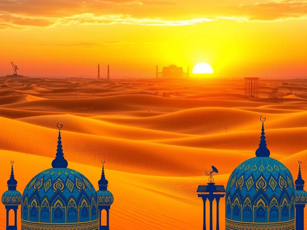 Flick International Sprawling desert landscape at sunset with modern city silhouettes