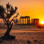 Flick International A serene desert landscape at dusk featuring a resilient olive tree and ancient ruins symbolizing peace and stability in Syria.