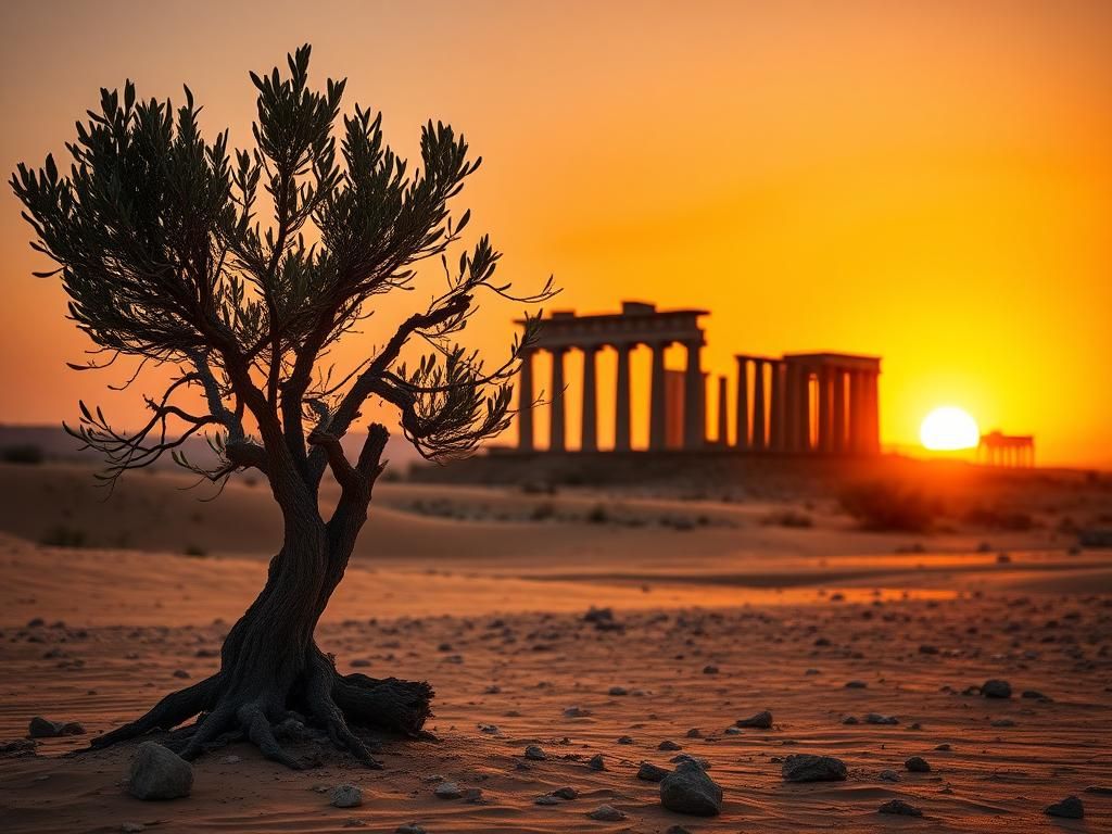 Flick International A serene desert landscape at dusk featuring a resilient olive tree and ancient ruins symbolizing peace and stability in Syria.