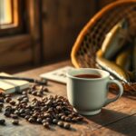 Flick International Close-up of a steaming cup of coffee on a rustic wooden table with scattered coffee beans and fishing sketches