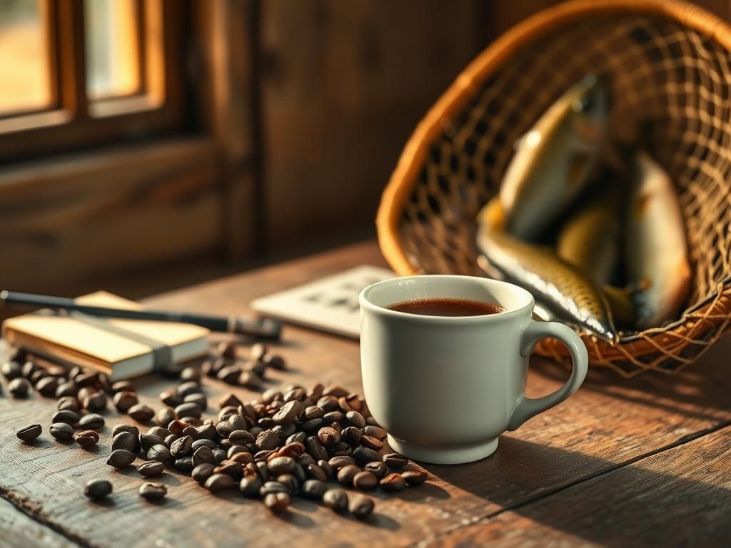 Flick International Close-up of a steaming cup of coffee on a rustic wooden table with scattered coffee beans and fishing sketches