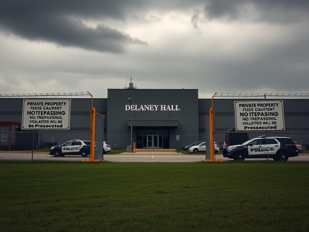 Flick International Front view of Delaney Hall ICE facility with yellow barricades